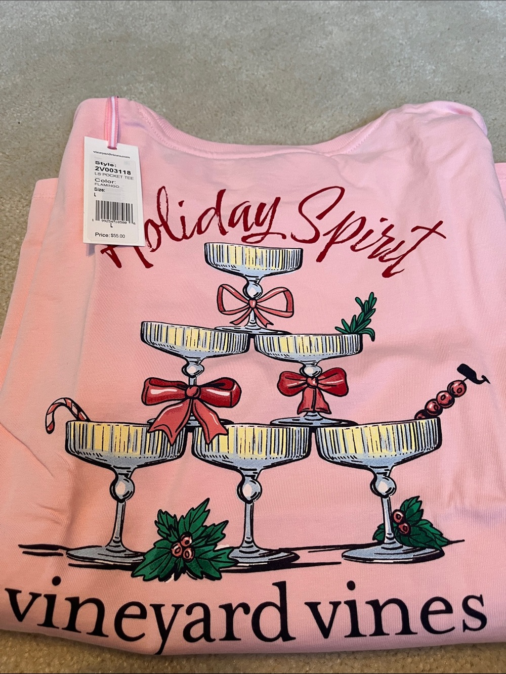 Vineyard Vines Pink "Holiday Spirit" Graphic Long-Sleeve Tee. Large. New.